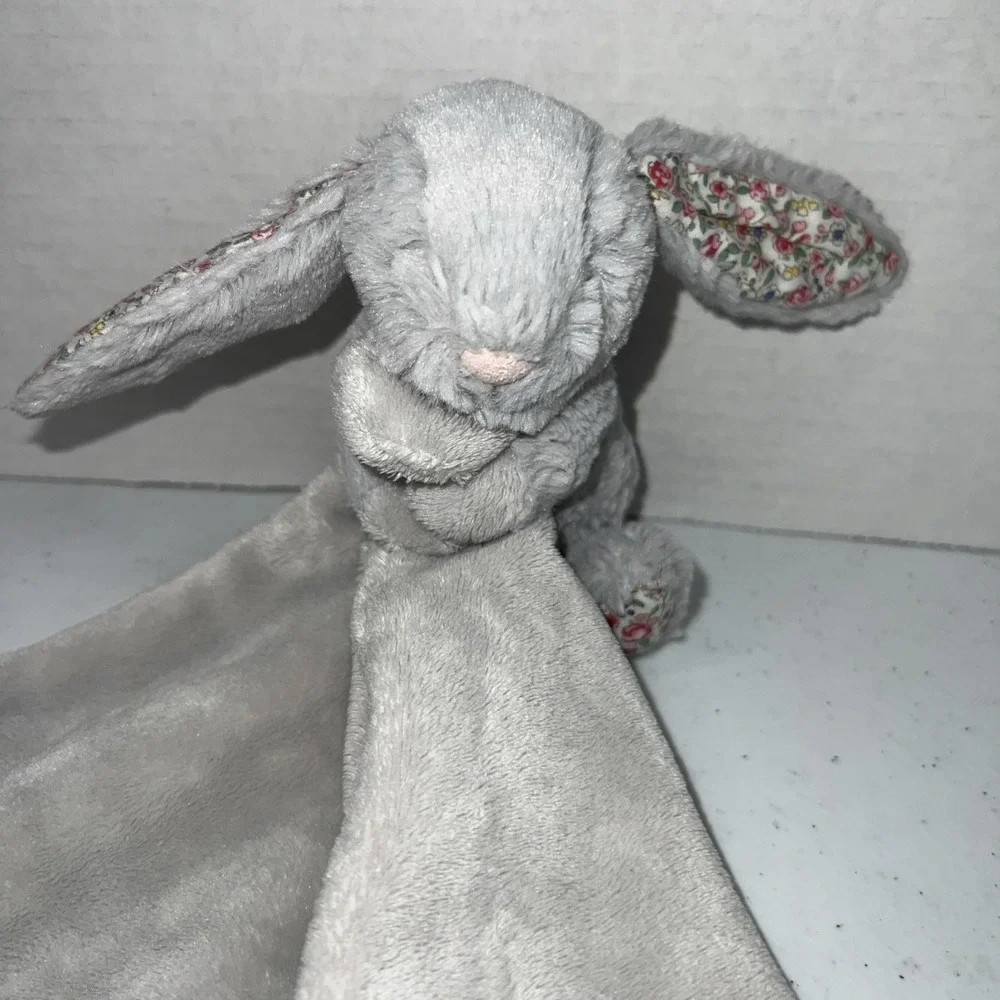 Jellycat Comforter Blanket Silver Grey Bunny Rabbit Floral Flower Pink Ears